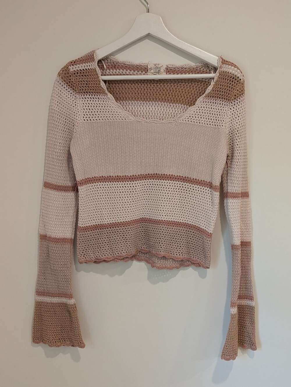 Hippie Love Crochet Neutral Strip Flared Sleeve Top (L) 70's boho Cottage indie